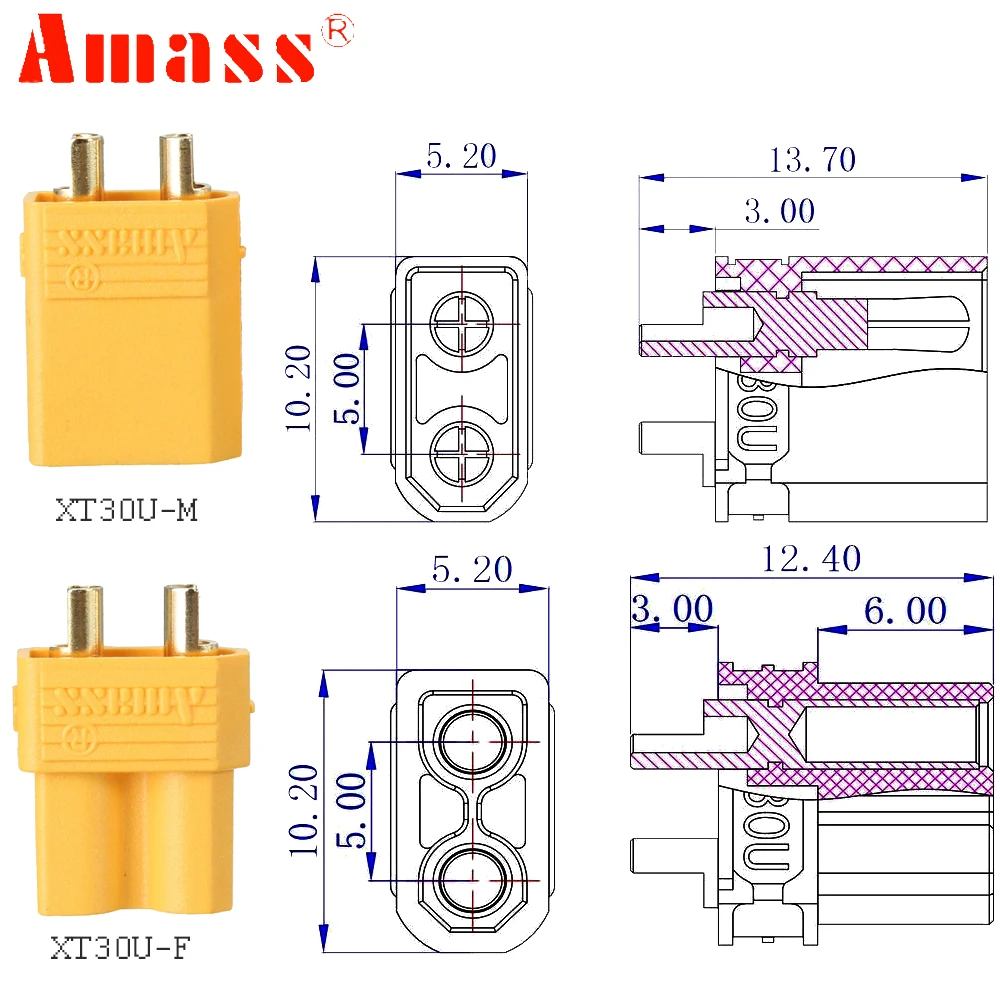 Amass XT30U maschio e femmina connettore proiettile spina giallo/nero per RC Lipo batteria Quadcopter Drone aereo auto camion parti fai da te