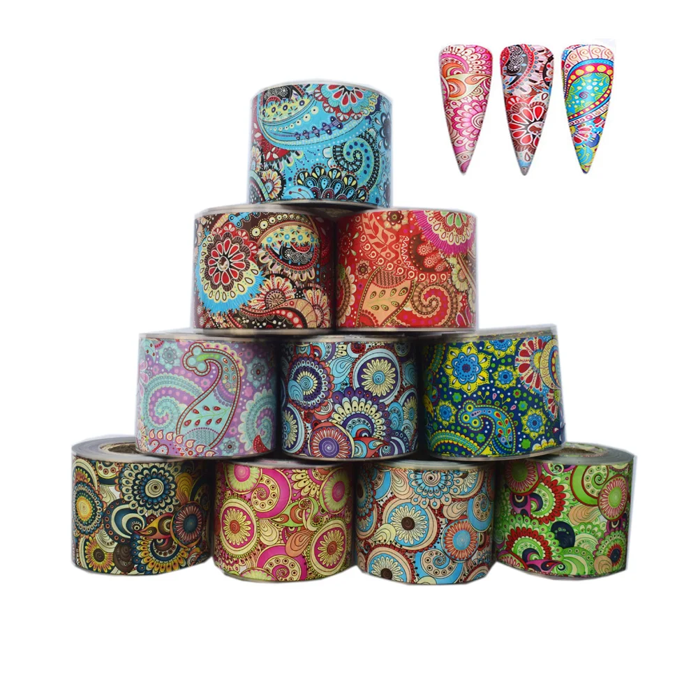 10Roll Mandala Flower Nail Foil Set 50M*4CM Bohemia Stickers for Nails Nail Art Transfer Sticker Manicure Tips Decoration DIY