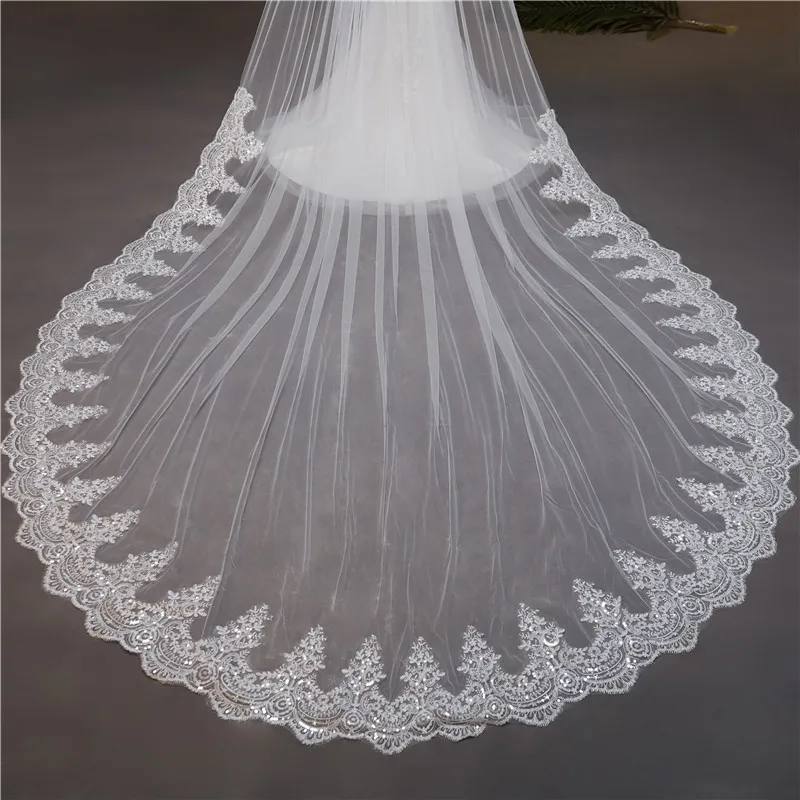 Bling Sequins Lace Long Wedding Veil Cathedral Bridal Veil with Comb White Ivory 5 Meters Veil for Bride Wedding Accessories