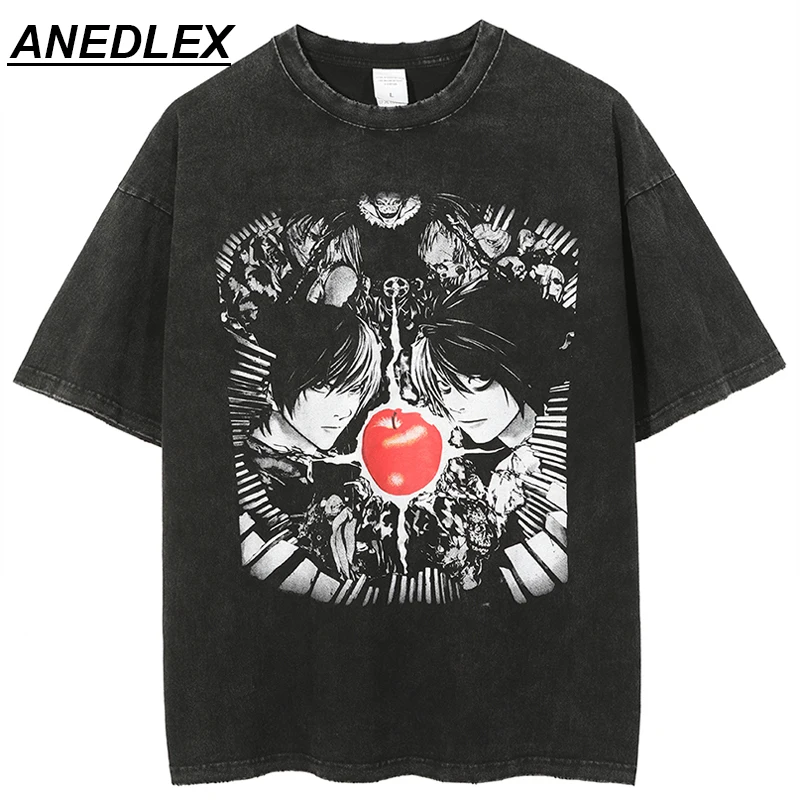 

2023 Harajuku Japanese Anime Print T-shirt Men's Hip-Hop Washed Harajuku Oversized T-shirt Summer Streetwear T-shirt 100% Cotton