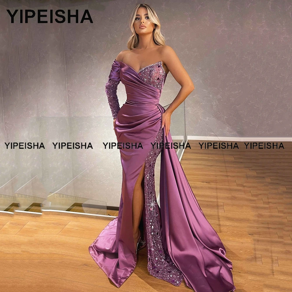 Yipeisha-Vestido de noite sereia roxo com lantejoulas, vestido de baile com manga, fenda lateral, vestido de festa longo, 2023