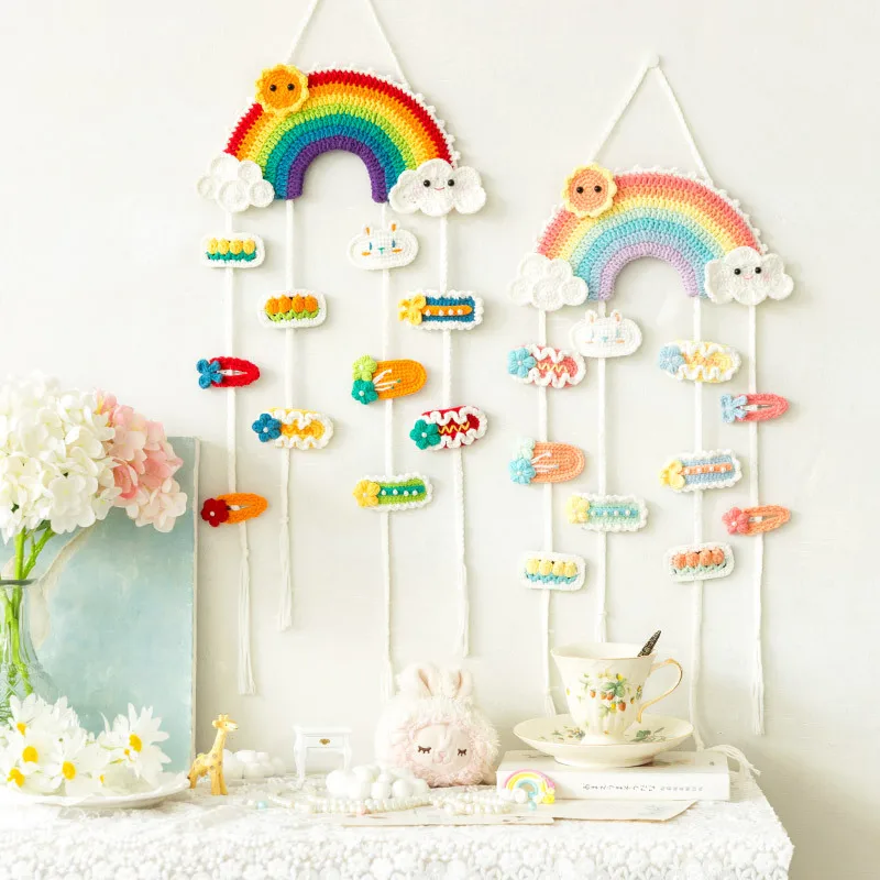 Susan's Family Rainbow Crochet DIY 2pcs Rainbow Holder 10pcs Hairpins Children Cute Cartoon Hairpins Girls Hair Clip Holder Gift