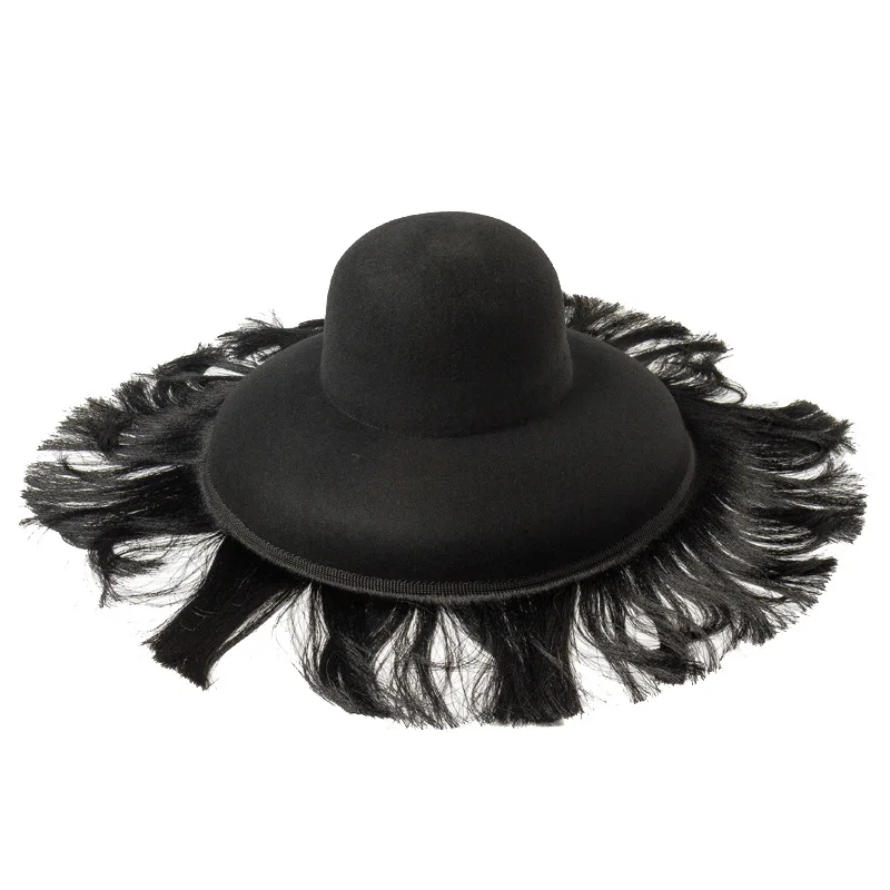 Fashion Black Hat Quality Autumn And Winter New Dome Cap With Fringed Fedora Hat Retro Personality Bucket Hat Custom Style Cape