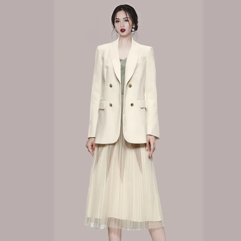 2021 Autumn Winter New Arrival Fashion Jacket Coat + Sleeveless Patchwork Mesh Midi Dress Two Piece Sets High End Women's Suit