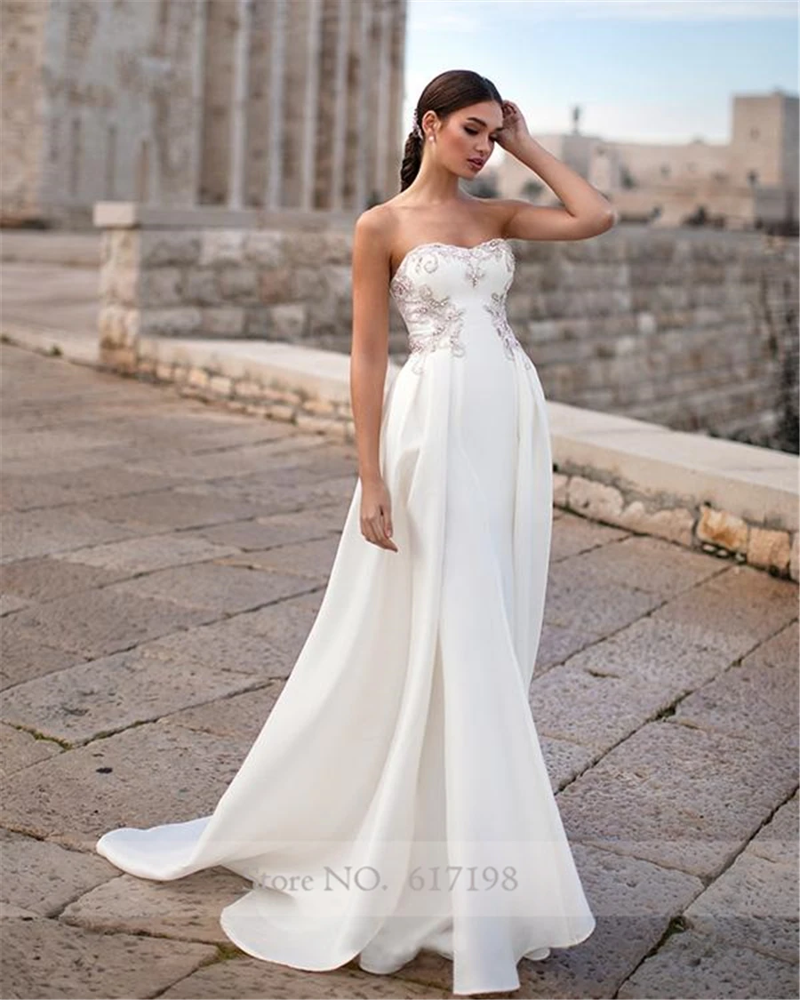 Robe de Mariée Chic en Satin Blanc, Sans Bretelles, Ligne A, Sexy, pour Patients, Tenue de Mariage avec Strass Perlés