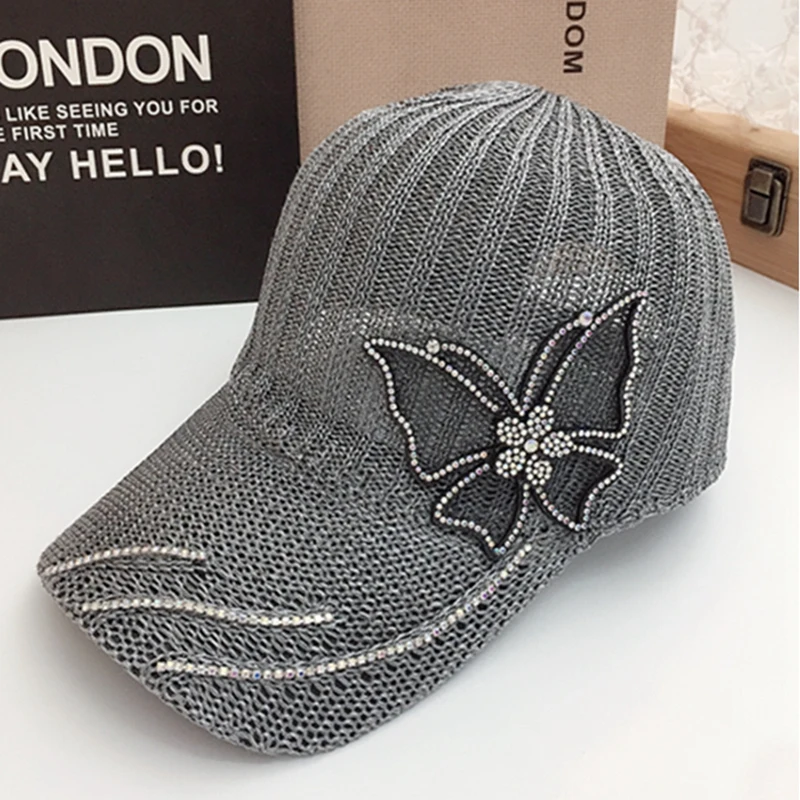 

Baseball Cap For Women Big Butterfly Hat Denim Bling Rhinestone Snapback Caps Casquette Summer Breathable Sun Hat