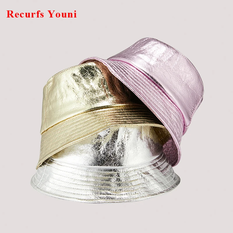 Hats For Women Bright Real Leather Burst Cracks Short Brim Fisherman Caps Femme Fashion Korean Pink Silver Golden Basin Chapeu