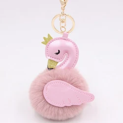Cute Pompom Pink Flamingo Keychain For Women Fluffy Rabbit Fur Ball Swan Key Chain On Bag Car Trinket Wedding Party Girl Gift