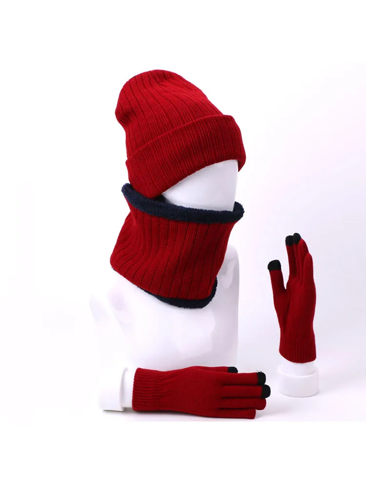 New Winter Warm Men\'s Hat Scarf Touch Screen Gloves Set Beanies Hats Knitted Thicken Men Women Cap Bib Gloves suit Unisex 3Pcs