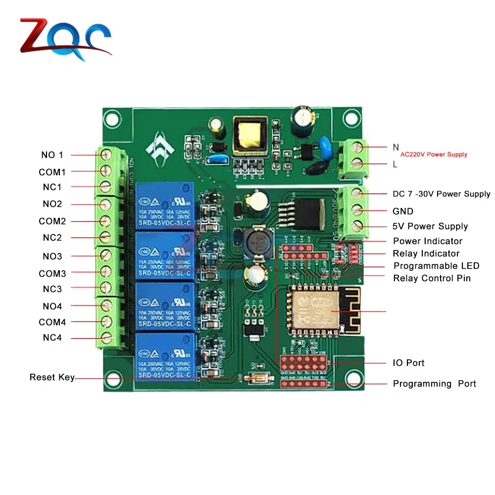 AC 90-250V/DC 7-30V/5V zasilacz ESP8266 ESP-12F WiFi programowalny moduł rozwojowy 4 przekaźnik kanału płyta dla Arduino