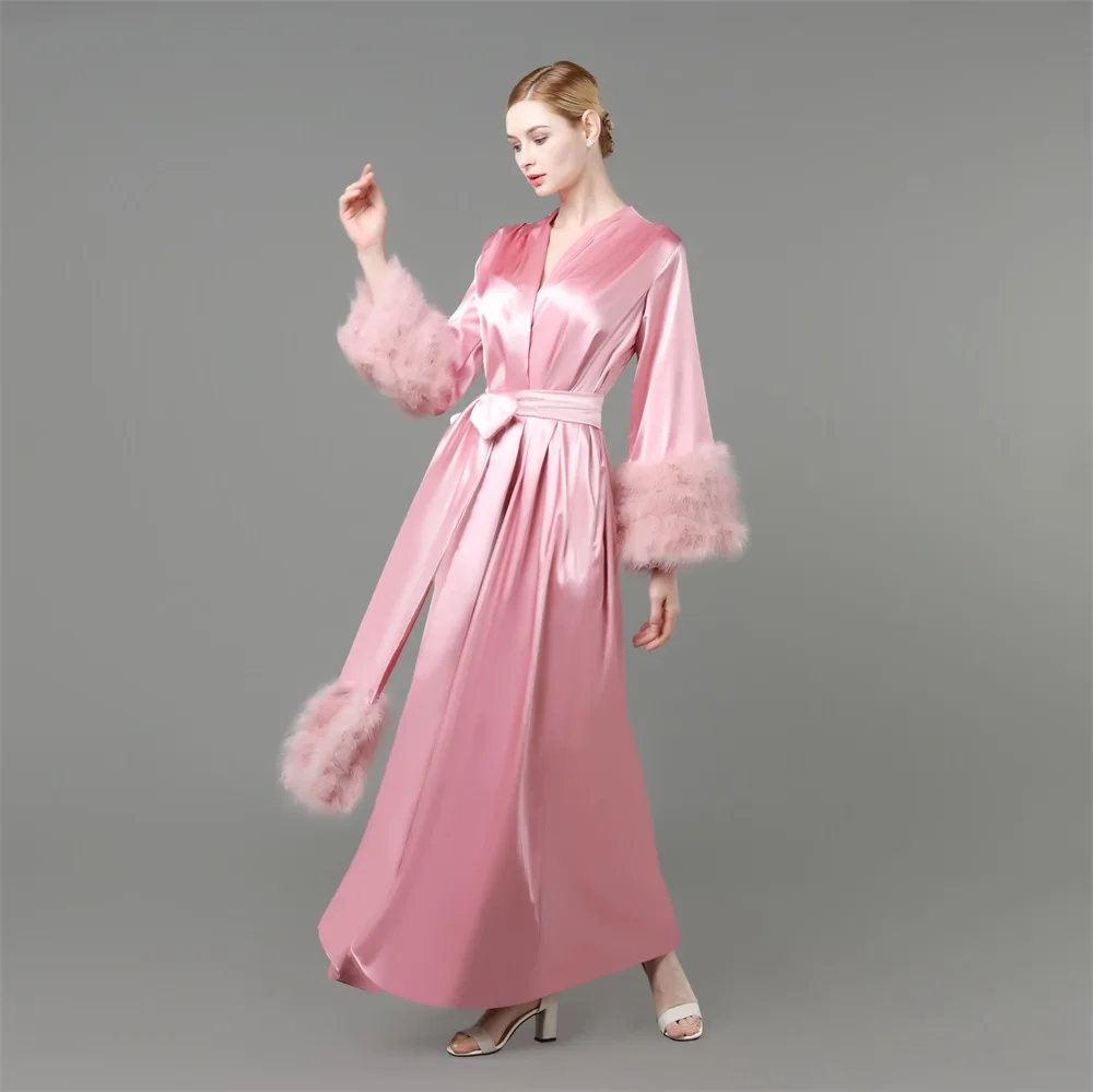 Pink Robe Maternity Prom Dresses Long Sleeves Fur Evening Gowns Kimono Pregnant Party Sleepwear Women Bathrobe Sheer Nightgown