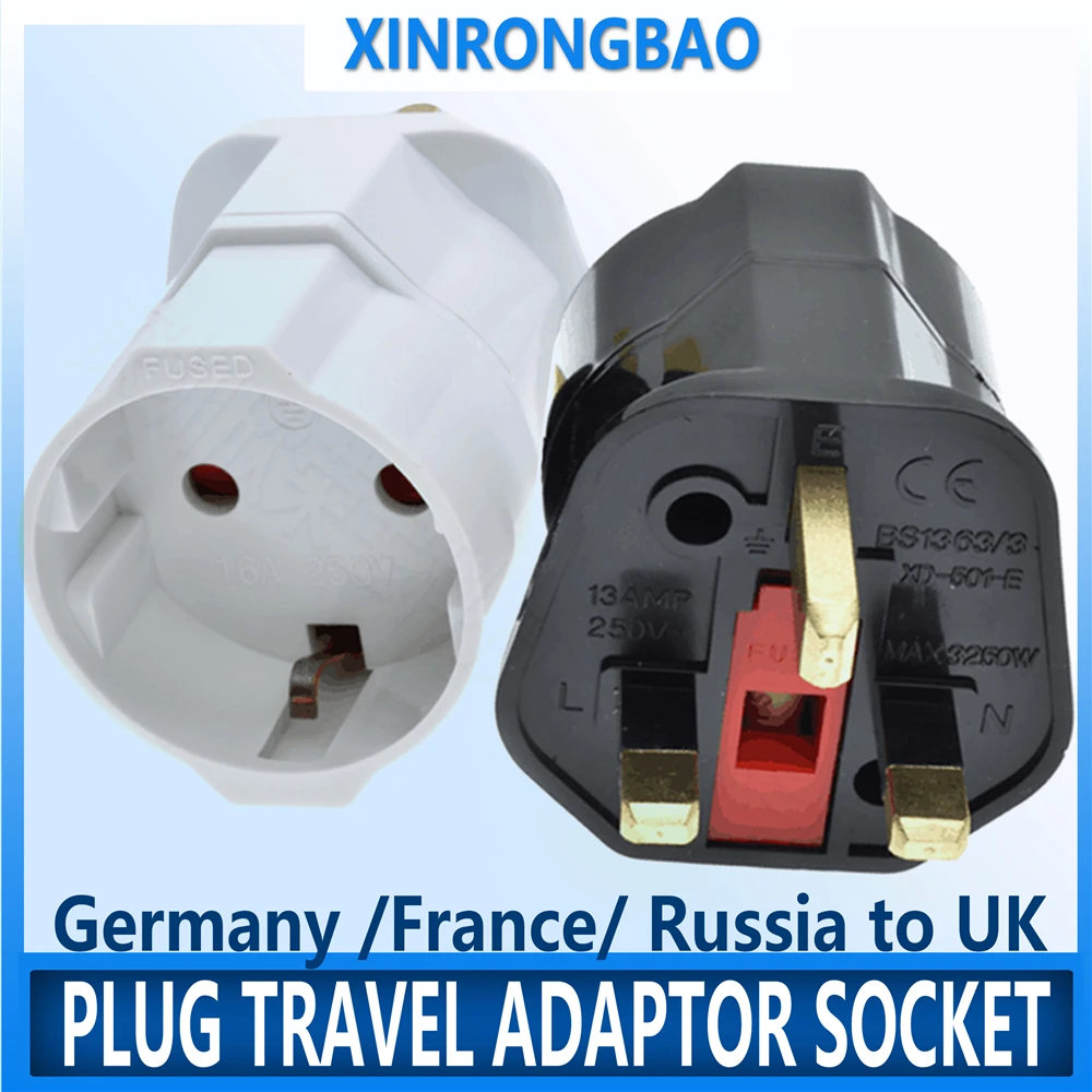 New black White Surface Germany/France/ Russia to UK 3 Pin with 13A 250V Fused Plug Travel Adaptor Socket UK Type Plug XD-501-E