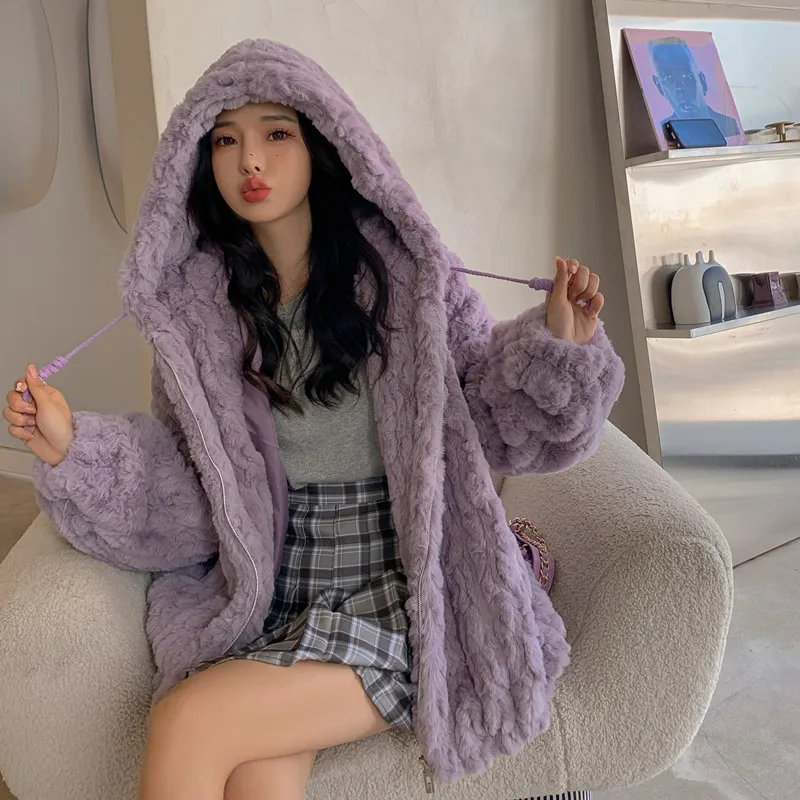 2024 Winter New Women Hooded Faux Rabbit Fur Coat Korean Pink Apricot Purple Zipper Long Sleeve Casual Female Warm Plush Outwear