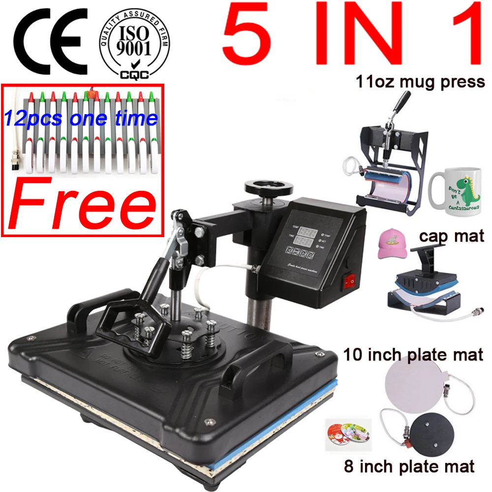 Double Display 12x15 inch  5 in 1 Combo T-shirt Heat Press Machine Sublimation Printer for Plates/Cap/Mug/Phone/Pen/Rock/MDF