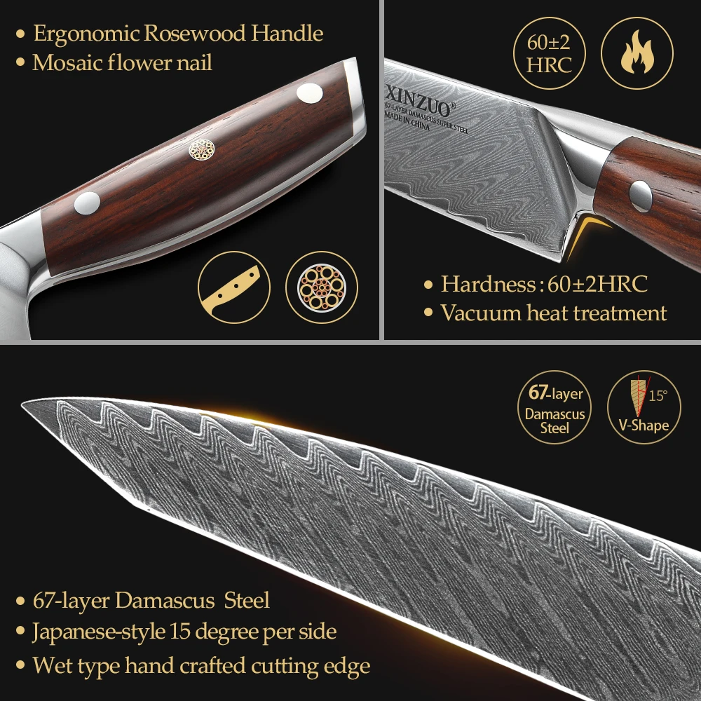 XINZUO Damascus Steel Kitchen Knife Set Japanese Steel Blade Comfortable Handle Knives Meat Fish Fruit Sushi Cooking Accessorie