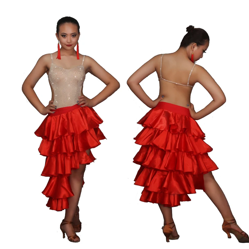 New Latin Dance Competition Performance Dress Color One Piece Red Long Hem, Shiny Diamond Black Hem