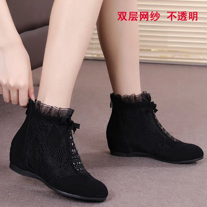 New Spring Autumn hollowed-out mesh boots Women\'s Genuine leather flat bottom short boots increased single shoes