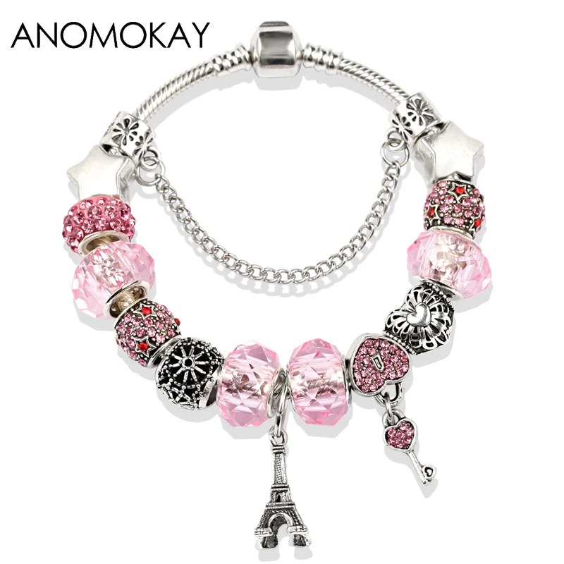 Dropshipping Silver Plated Charm Bracelet Diy Eiffel Tower Heart Bead Bracelets & Bangles Pink Crystal Jewelry Gift for Women