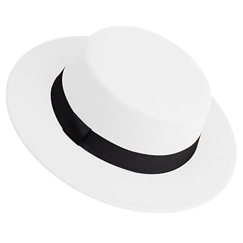 Mannen Vrouwen Witte Fedora Hoed Platte Top Hoed Vilt Varkensvlees Taart Hoed Brede Rand Kerk Derby Cap Winter wol Jazz Panama hoed groothandel