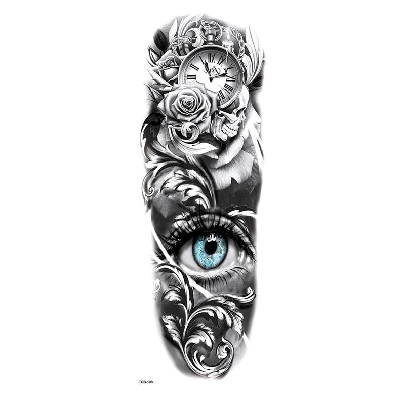 The eyes And Clock Full Arm Waterproof Temporary Tattoos Men Kit Tattoo Arm Sleeves Temporary Tatoo Stickers Fake Tatoo Men