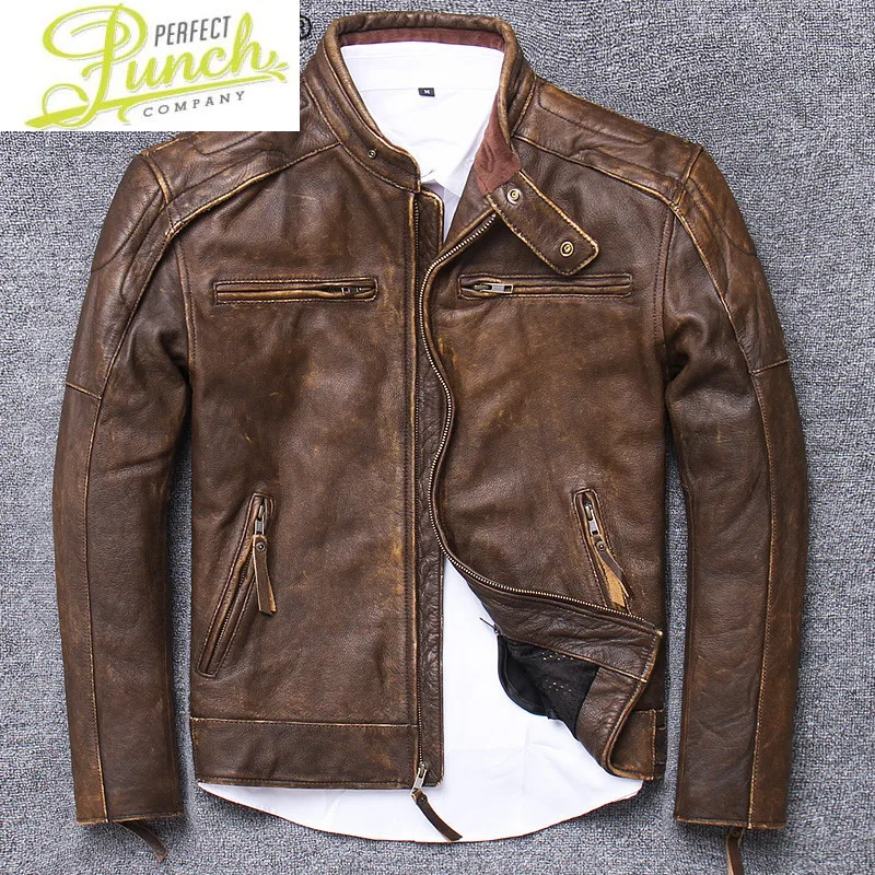 Leather Genuine Jacket Men Real Cow Leather Coat Vintage Motorcycle Jacket Man Short Brown Cowhide Coats U16718-3 J3202