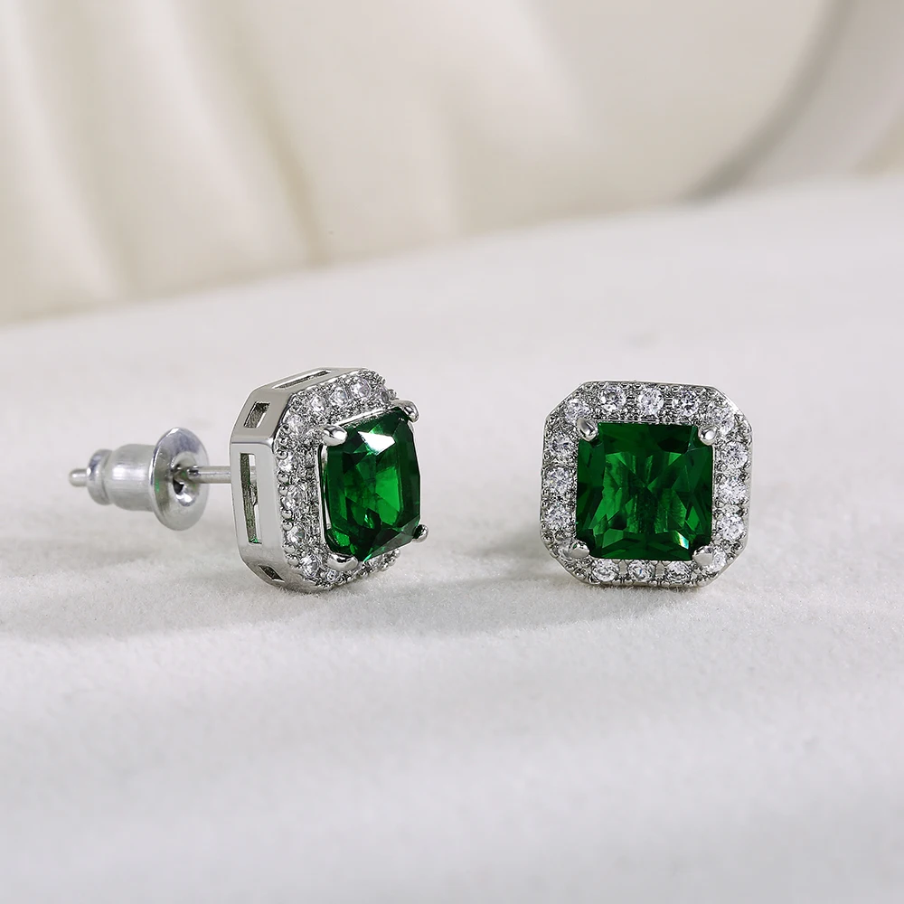 Huitan Ohrstecker mit rechteckigem/quadratischem grünem kubischem Zirkon für Damen, elegante Party-Accessoires, Jahrestagsgeschenk, zeitlose Damen-Ohrringe – Detail 18