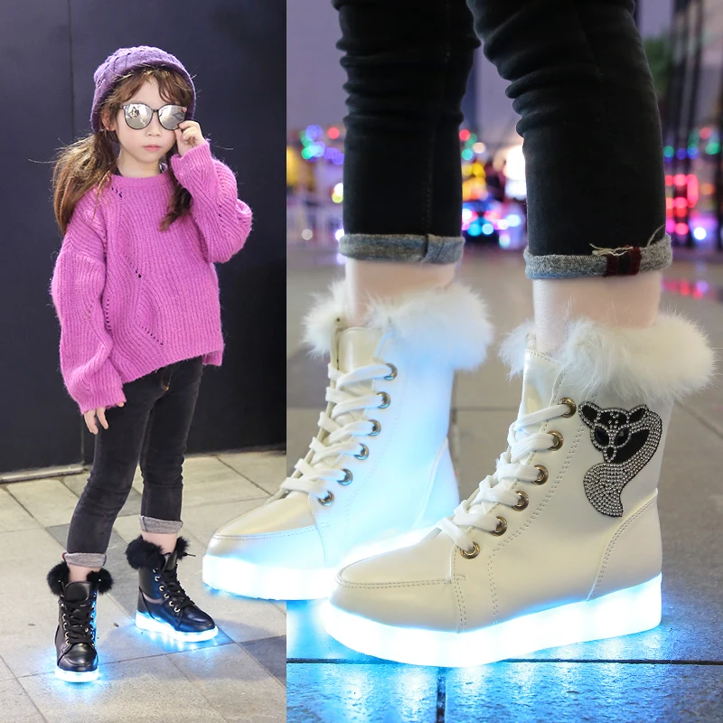 UncleJerry Glowing Boots for Boys Girls and Women USB Recharged Light Up Shoes Warm Plush High-top Children Winter Boots