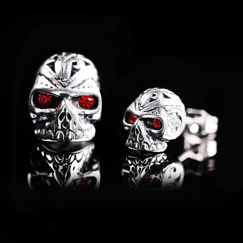 Men\'s Stainless Steel Earrings Punk Style Red Eye Skull Stud Earrings Motorcycle Party Cool Earrings Hip Hop Jewelry Accessories