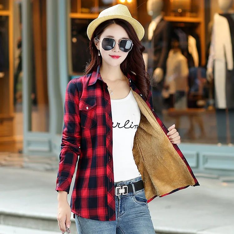 2023 Winter New Hot Sale Women Plus Velvet Thicke Warm Plaid Shirt Style Coat Jacket Woman Casual Tops Clothes Lady Outerwear