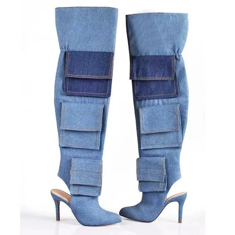

Blue 43 Denim Fabric Boots for Women Open Heel Over Knee High Boots Pockets Autumn Ankle Boots Thin High Heel