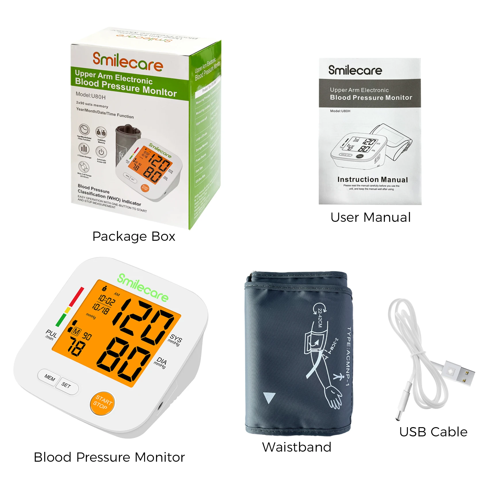 Konsung SmileCare Blood Pressure Monitor Upper Arm Cuff Accurate Automatic BP Pulse Rate Meter with Adjustable Digital LCD U80H