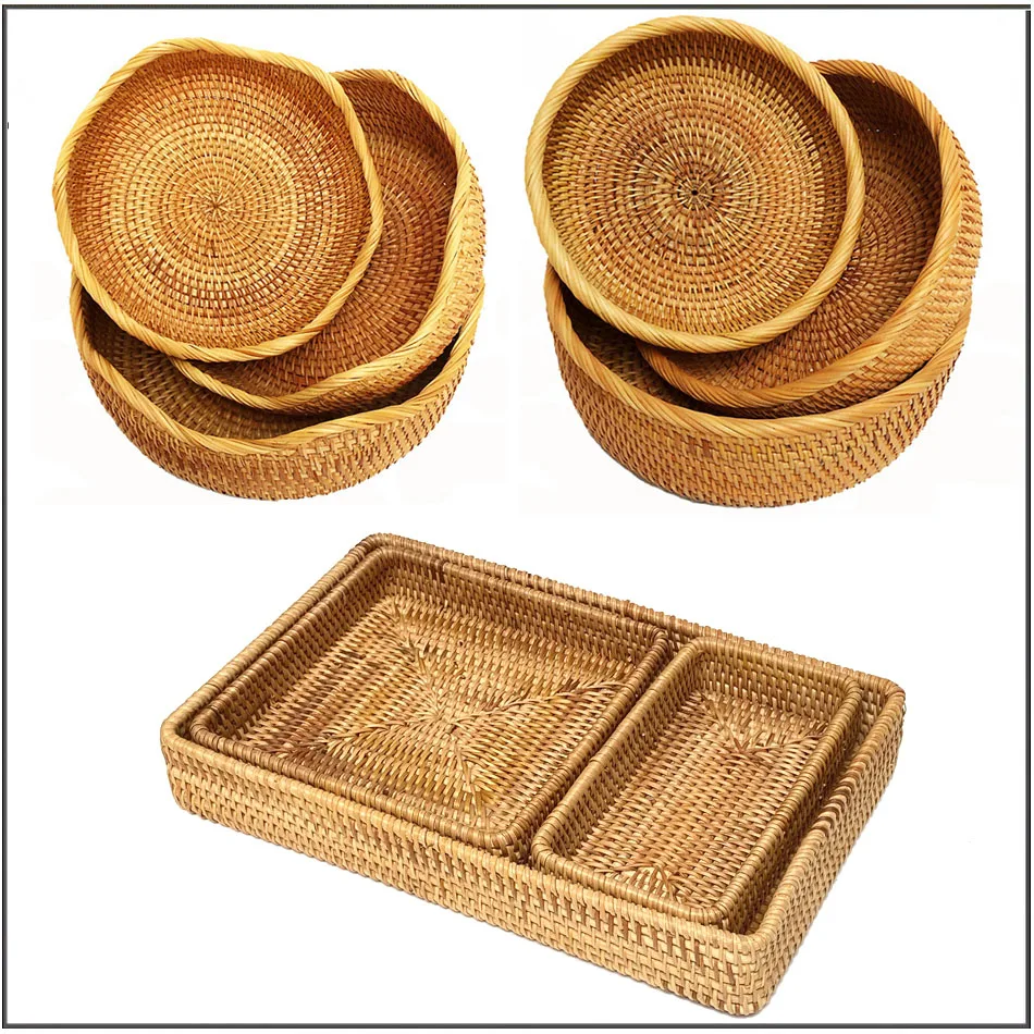 Rattan dessert basket, hand woven round storage fruit tray box, autumn rattan hand woven home storage snack fruit bread basket