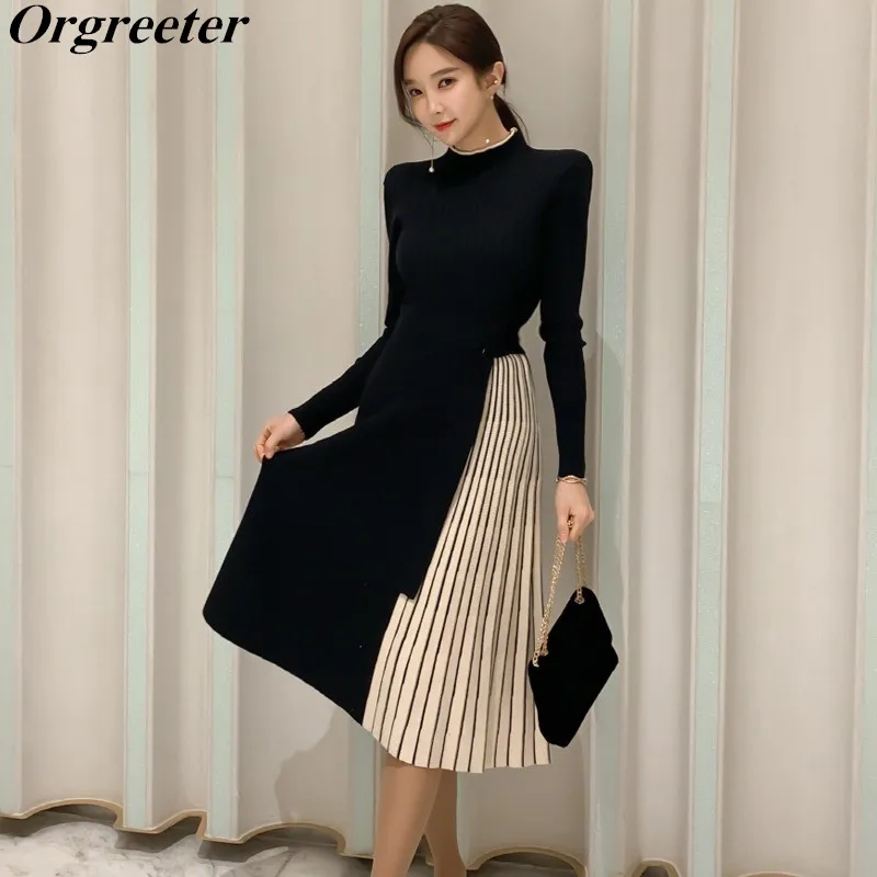 

Elegant Knitted Dress 2020 Fall Winter Warm Thick Half Turtleneck Belt Tie-Up Patchwork Striped Pleated Black Sweater Dress