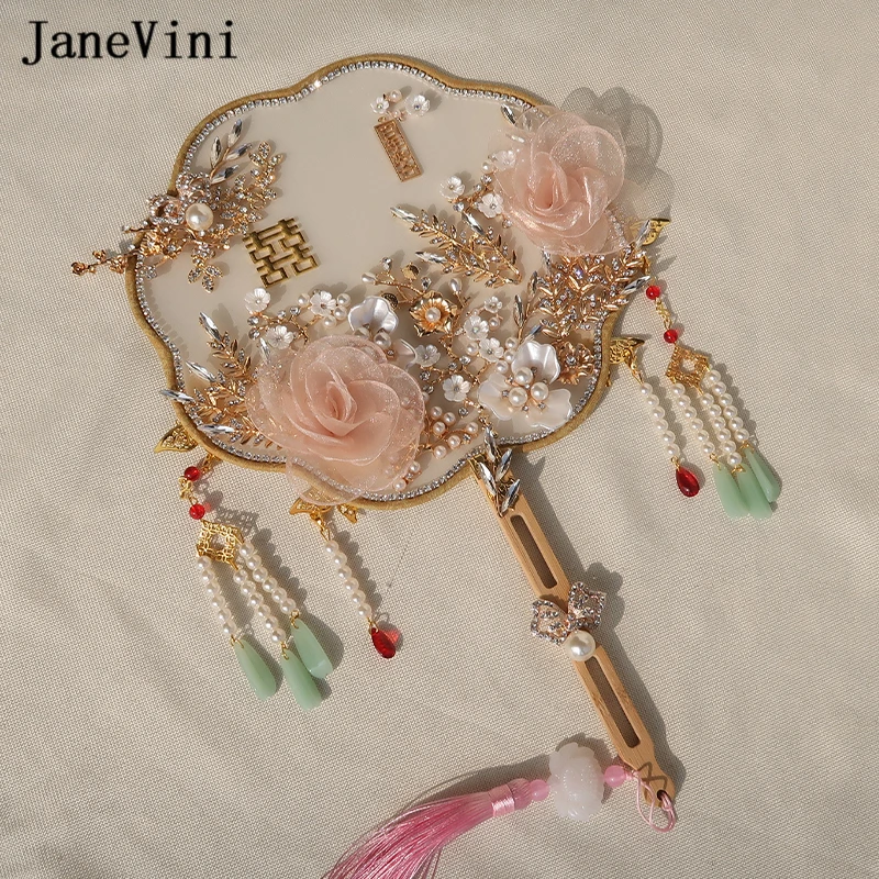 Janevini Vintage Chinese Bruidsboeket Fan Cover Gezicht Kunstmatige 3D Bloemen Parels Metalen Ronde Fans Bruiloft Sieraden Accessoires