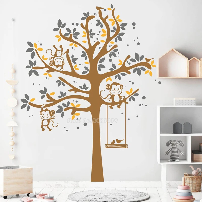 Swing Monkey Tree Animals Wall Sticker For Kids Room Children Bedroom Wall Decal Nursery Decor Poster Mural Tree Wallpaper LL981