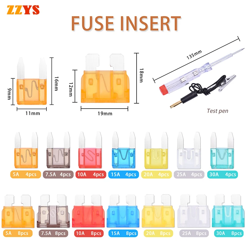 

84pc 5A 7.5A 10A 15A 20A 25A 30A Automotive Truck Auto Car Blade Type Fuse Zinc flakes Fuses Assortment Set Box Clip Test Pen