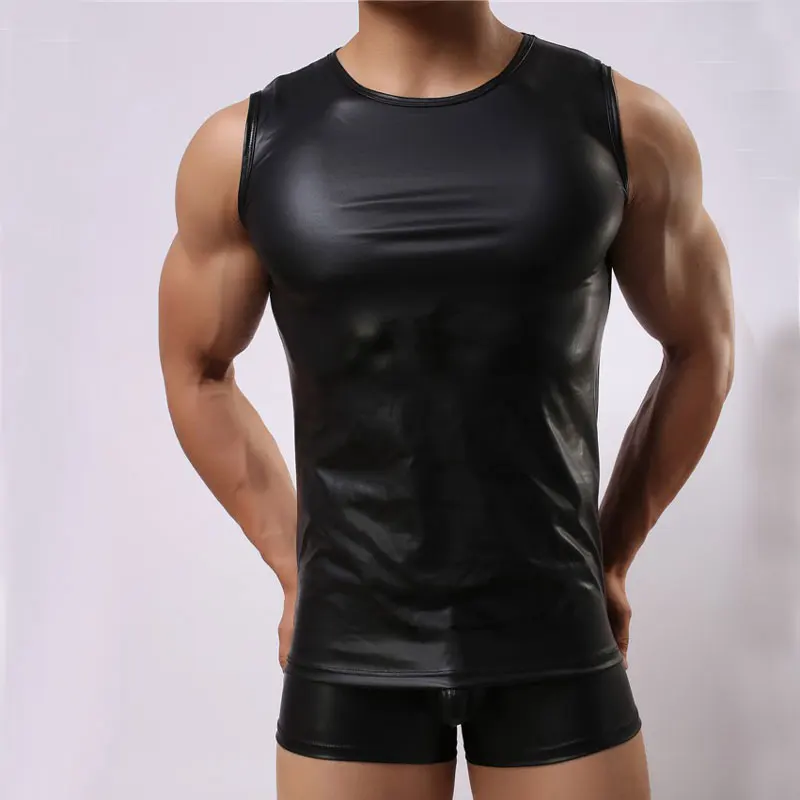 Men Tank Tops Faux Leather Black Sleeveless Vest Sexy Men\'s Tops Shaper Body Club Wear Gay Cool Man Tops Shirts