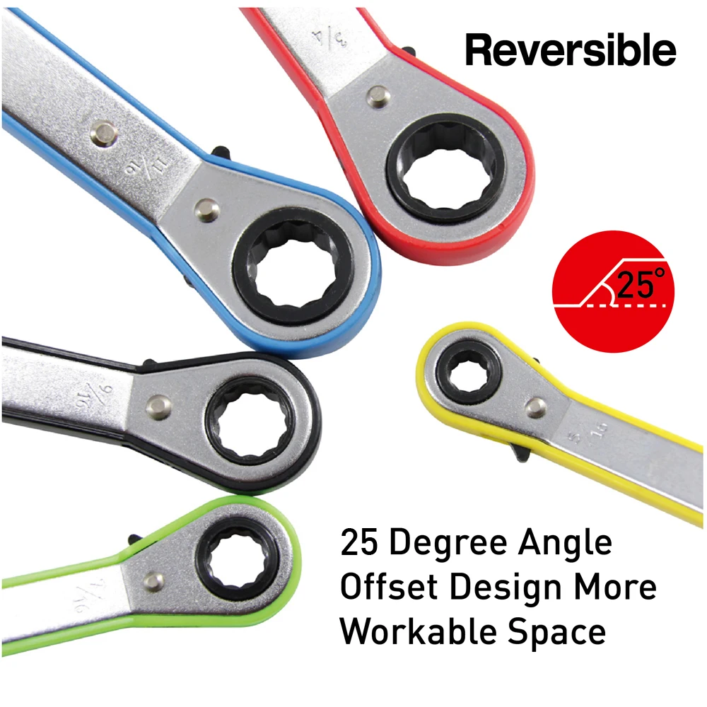 MacWork US 5 Pcs 8-27mm Chrome Vanadium Ring 2 Heads Ratchet Wrench Colors Reversible Ratchet Combination Spanner Set Metric/SAE