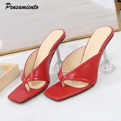 2021 pantofole da donna con tacco in cristallo trasparente di nuovo design moda punta quadrata tacchi alti muli femminili scarpe Casual con scivoli estivi