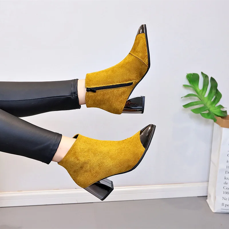 2021 Women Shoes Square Spring Autumn Fleece Heel Black Yellow Red Boots Point Toe 6cm Ankle  Shoes Female Lady Fashion785