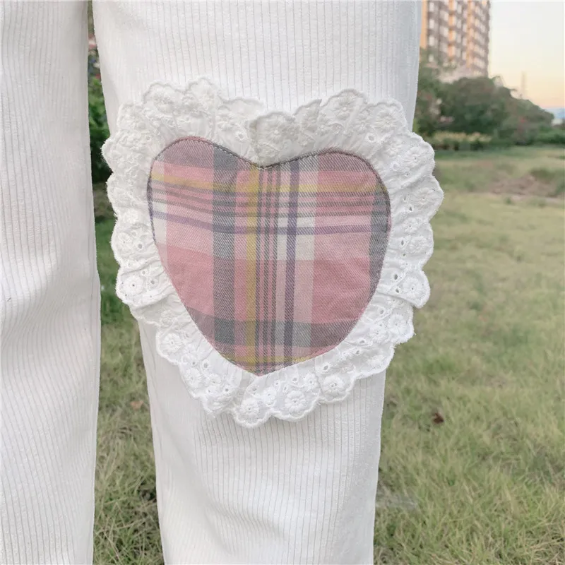 Japanese Harajuku Wild Cute Soft sister Casual Corduroy Kawaii Straight Pants Teen Girls Love Heart Patch Loose Students Pants