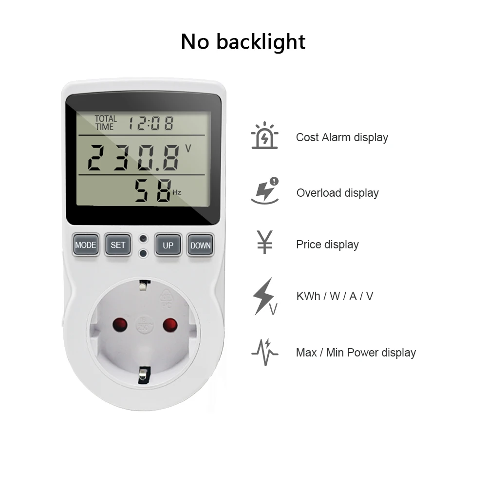 Digital Power Energy Meter Wattmeter 220V Voltmeter Ammeter KWh Watt Monitor Plug Socket Analyzer Power Factor Cost Display