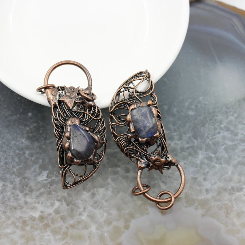 Natural Labradorite Half Moon Birds Nest Antique Brass Style Pendant,Healing Reiki Energy Stone Necklace DIY Charms Jewelry