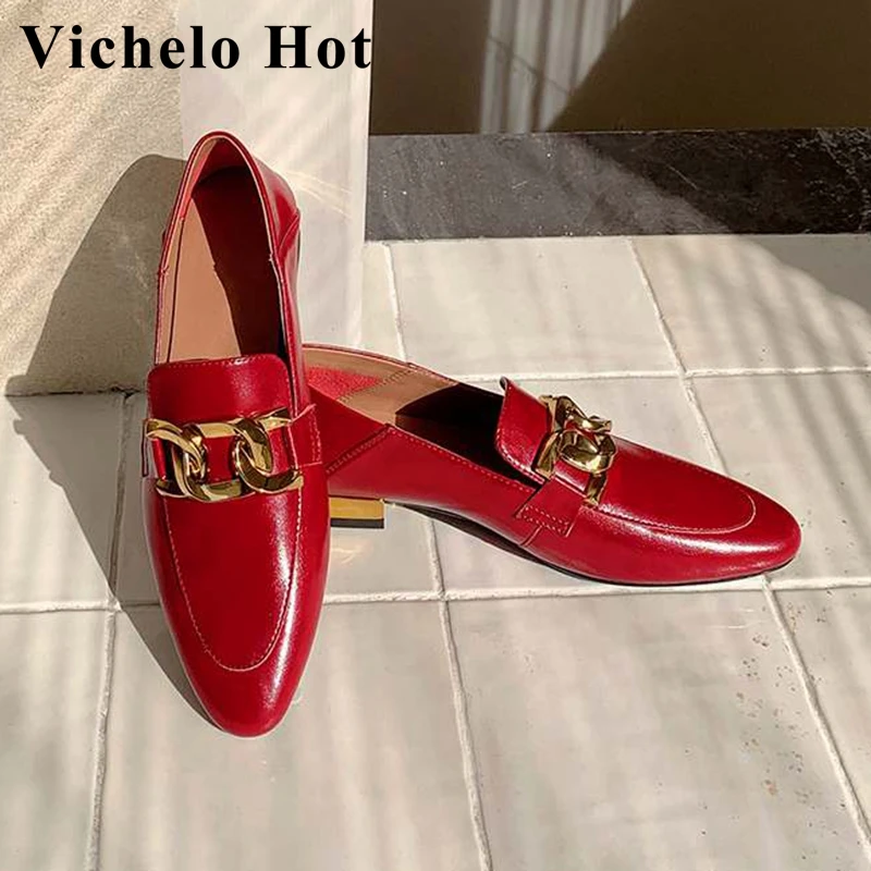 

Vichelo Hot 2022 new high fashion loafers full grain leather round toe low heels metal chains slip on elegant women pumps l53