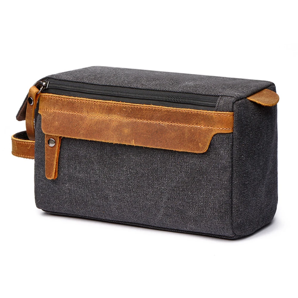 Acoki Travel Cosmetic Wash Bag Unisex Toiletry Bag Vintage PU Canvas Compact Travel Make up Men Shaving Bag with Handle