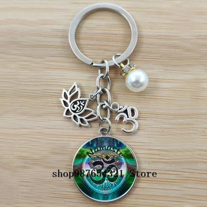 Creative Retro Glass Dome Keychain Buddhist Chakra Keychain Jewelry Indian Yoga Mandala Keychain