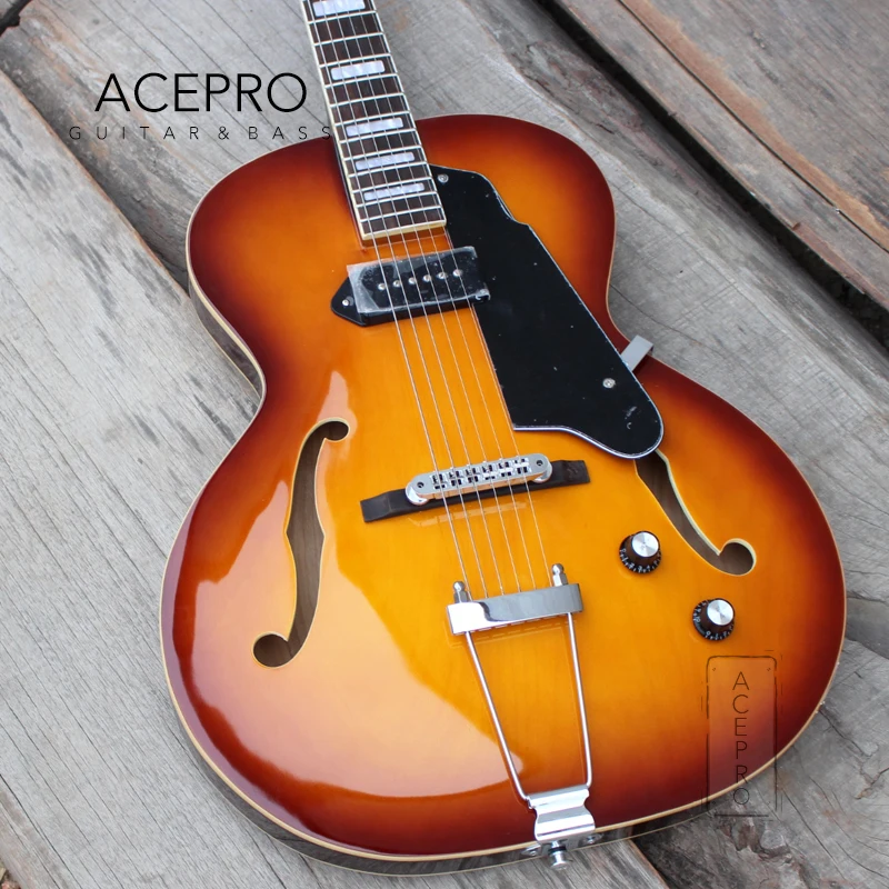 Grote-Full Hollow Maple Body Electric Guitar, F-Holes, Vintage Sunburst Color, Chrome Hardware, High Quality, Free Shipping