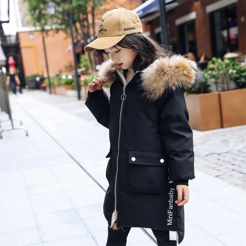 4-13 Year Teen Girls Winter Jacket Fashion Fur Collar Hooded Long Coat For Girls Parka Overcoat Thicken Warm Children\'s Clothing