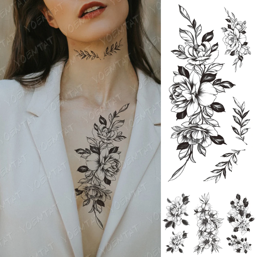 

Sexy Flower Waterproof Temporary Tattoo Stickers Chest Peony Rose Flash Tatto Women Line Henna Body Art Arm Ankle Fake Tatoo Men