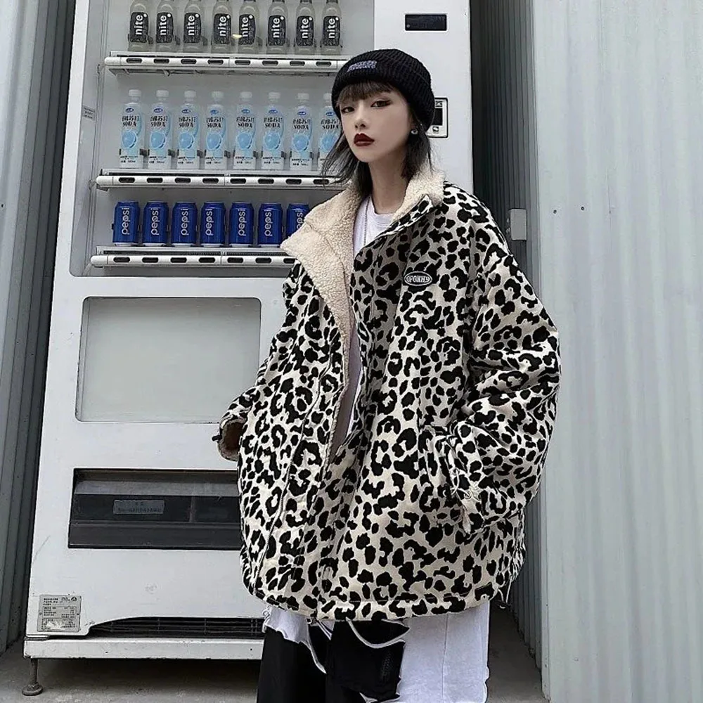 Leopard Print Women Faux Lamb Fur Japanese Style Kawaii Coat Teddy Fur Coat Parka Cropped Stripe Fleece Jacket Motorcycle Jacket